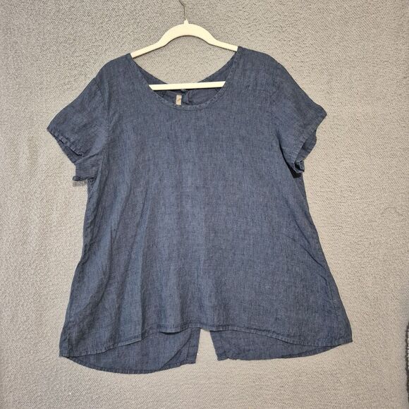FLAX Tops - Flax Women's 100% Linen Short Sleeve Back Button Accents Blossom Blouse M